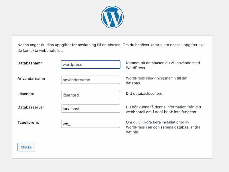 Installationssida i WordPress där man kopplar upp sig mot databasen.