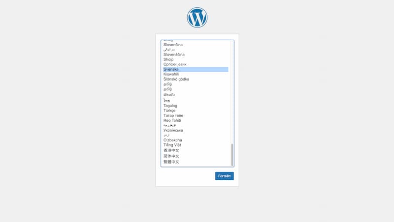 Installationssida i WordPress där man väljer språk.