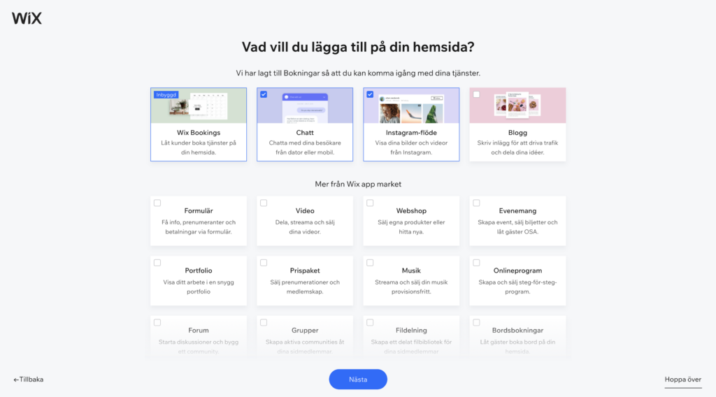 App väljare för att lägga till mer funktioner på Wix hemsida.