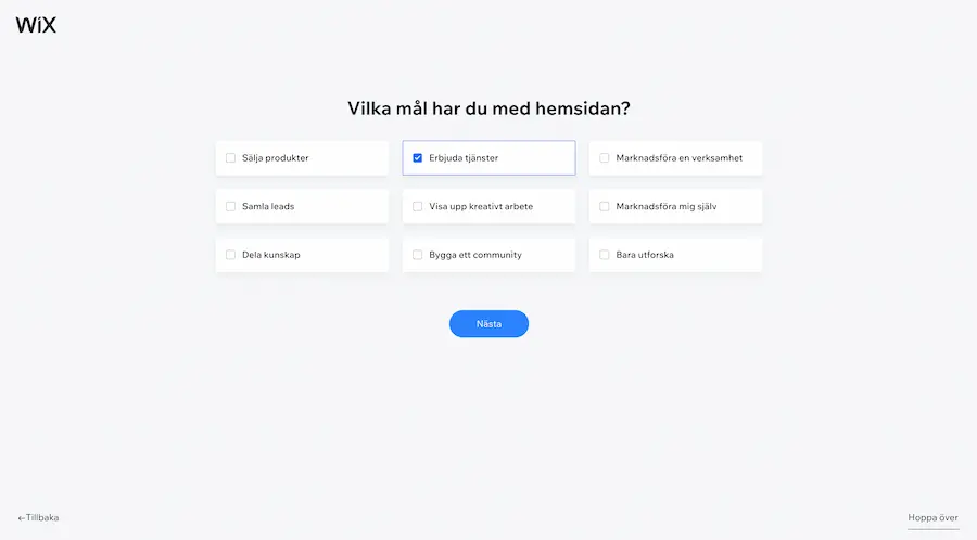 Väljer mål för Wix hemsida.
